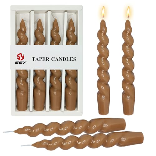 Brown Spiral Taper Candles Set of 4, 7.5 Inch Unscented for Autumn Dinner
