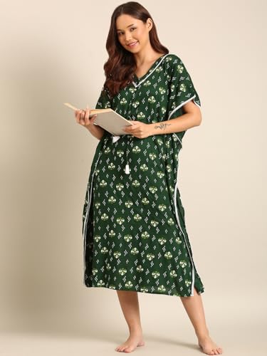 Image of Rupa Jon Aishwarya Women Full Length Printed Kaftan Nighty in Premium Cotton Blend Fabric, Night Dress, Maxi Nighty for Comfortable Everyday Wear