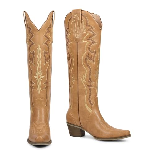 Image of wetkiss Cowboy Boots for Women Knee High, Low Heeled Stable and Comfortable | Knee High Cowgirl Boots,Western Boots with Embroidery,Pull On,Slip On,Non-slip Rubber Sole,Soft and Breathable PU Leather