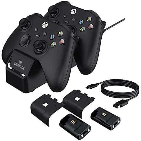 Dual Controller Charging Dock Charge Station with 2 x High Capacity Rechargeable 1100mAh Battery Packs and Battery Doors for Xbox Series X/S Controllers LED Charge Status USB Powered Black Cover