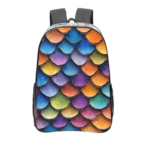 Mermaid Fish Scale Print Work Travel Stadium Events Transparent Backpack PVC Clear Bag Large Side Pockets