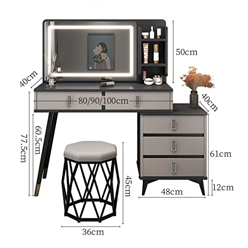 Makeup Vanity With Lights In 3 Colors, Vanity Table, Vanity Desk With Mirror And Lights, Makeup Table With 5 Drawers & Nightstand And Cushioned Stool For Women Girls ( Color : Gray , Size : 90Cm/36In #TOP6