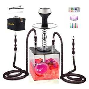 2 Hose Hookah – Square Hookah Chicha Set with Everything, Travel Hookah Kit with LED Lights and Portable Bag（Black）