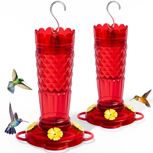 Plastic Hummingbird Feeders for Outdoors Hanging, 2 Pack 14OZ Ant & Bee Proof Humming Bird Feeder, 4 Feeding Ports Leak Proof Hummingbird Feeder for Outside Garden Decor, Red