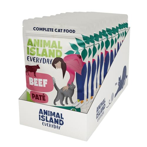 Animal Island Comida húmeda para Gatos, paté cremoso de Carne de Res con Pollo sin Cereales sin Cereales para Gatos Adultos, Juego de Sobres de Comida de Carne Completa, 12 x 85 g