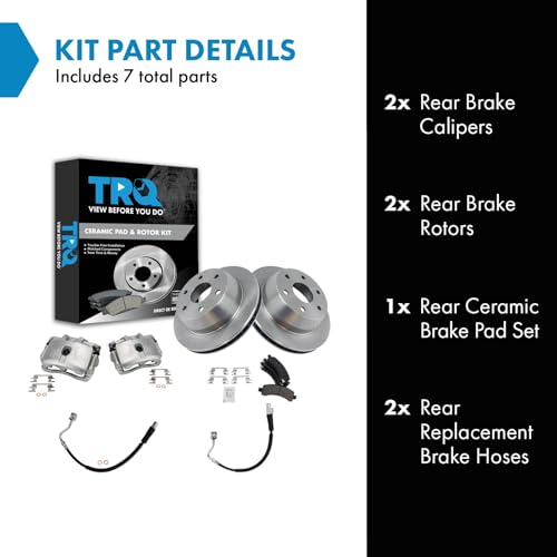 Image of TRQ Rear Brake Pad, Caliper, Hose, & Rotor Kit Ceramic Compatible with 2003-2009 Chevrolet Express 1500 2003-2013 GMC Savana 1500