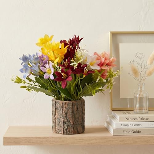 Image of Dekorly Premium Artificial Multicolor Lily Flower with Real Wooden Planter Vase (22CM) | Lifelike Faux Floral Arrangement for Home, Office & Table Decor (Multi Colour Lily Flower)