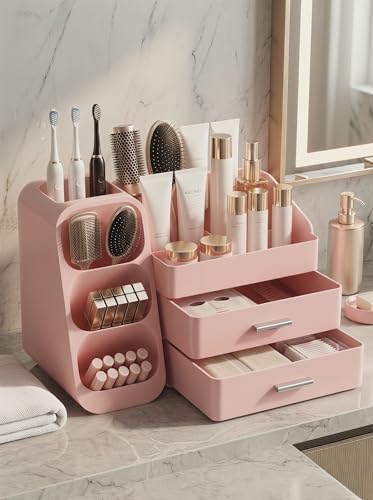 Image of Booklov Makeup Organizer for Vanity, Large Capacity Cosmetic Display Case with Drawers, Countertop Beauty Storage Holder for Skincare, Brush Eyeliner Perfume Eyeshadow Lipsticks, Counter Desk, Pink
