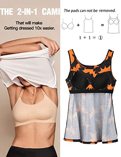 Halloween Loose Fitting Tank Top With Bra Cup Tie Dye Pleated Tee Shirt Top For Women Padded Tank Top Camisole For Daily Wearing Large Orange #TOP1