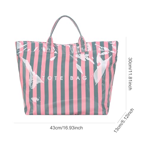 Image of Striped PVC Tote Bag for Women, Waterproof Plastic Hobo Handbag Summer Tote for Beach, Pool & Ideal Gift