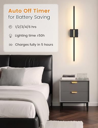 Image of 7800mAh Battery Operated Wall Sconces Set of Two, 34'' Rechargeable Wall Sconces with Remote, 360 Rotatable Battery Wall Sconce Decor, Wireless Wall Lights for Bedroom, Living Room(Black Gold)