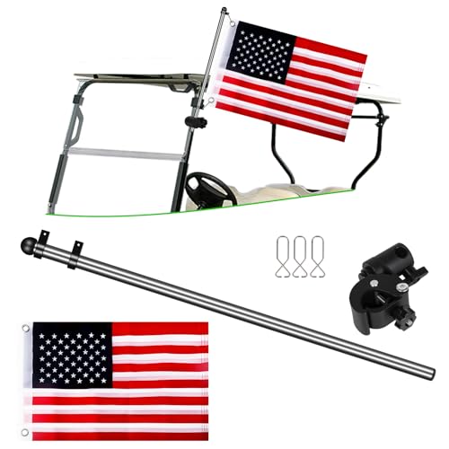 Cartalia Golf Cart Adjustable Flag Holder, Universal Flagpole For Ezgo Club Car Yamaha, Flag Bracket For 0.59-1.18' Round/Oval Square Rails, Push Cart, Boat, Utv, Atv, Included Usa Flags (12'×18')