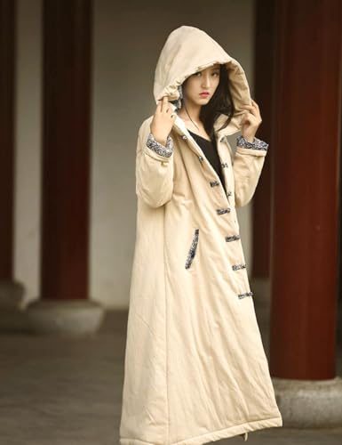 LUZU JUNU Women's Warm Cotton Coat Hooded Contrast Color Handmade Frog Buttons Retro Witch Long Outerwea4
