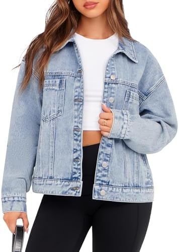 Glamaker Womens Oversized Jean Jacket Casual Long Sleeve Button D...