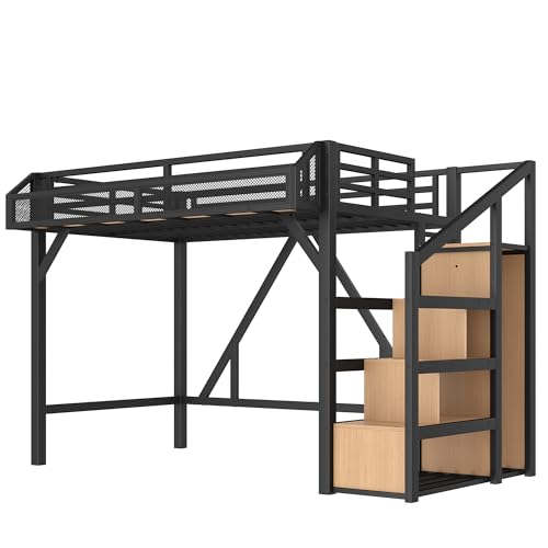 Image of Bellemave Twin XL loft Bed with Storage Stairs, Wardrobe, Shelves, Metal Twin XL Size Loft Bed Frame for Adults, Kids, Teens, Black with Natural Wood