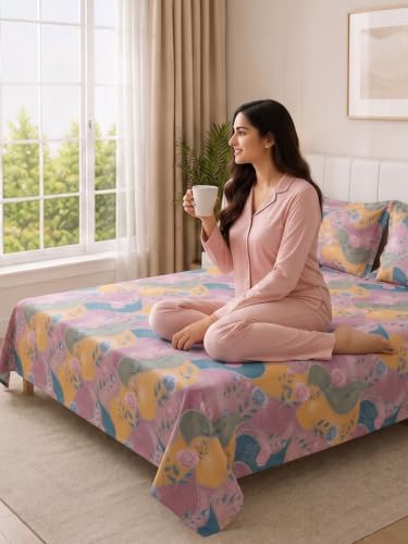 Image of Mafatlal 130 GSM Pearl Luxury Double Bed Sheet with 2 Matching Pillow Covers | 90 x 100 Inches | Elegant Printed Design | Soft Feel, Hassle-Free Wash, Long-Lasting Quality Bedding | Abstract Multi