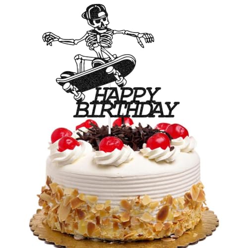 Skateboard Cake Topper Happy Birthday Cake Pick Skateboarder Extreme Skateboarding Sports Theme Boys Girls Birthday Party Decoration Supplies Black Glitter