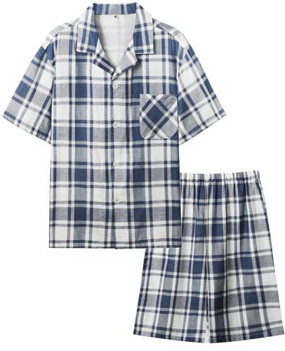[Bellislove] パジャマ メンズ 夏 綿100% 半袖 二重ガーゼ 上下セット ルームウェア チェック柄 前開き 部屋着 ショートパンツ ゆったり 肌に優しい 薄手 快適 大きいサイズ