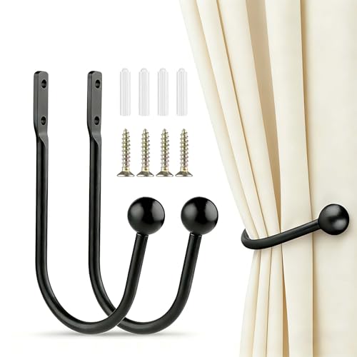 Curtain Tieback Holdbacks 2pcs Metal Curtain Hooks for Wall Mounted Curtain Drapery Holder Pull Backs for Hanging Items and Window Decoration Black