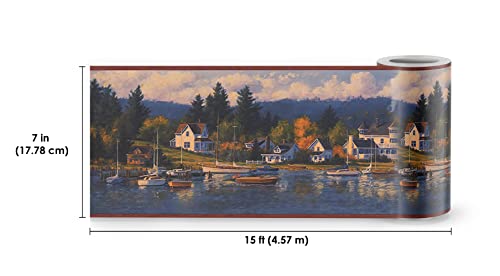 Concord Wallcoverings ™ Wallpaper Border Nature Pattern Featuring Sailboats Lake Houses And Forest On The Background For Living Room Cottage, Blue Green Gray, 15 Feet By 7 Inches Cw32203B #TOP1