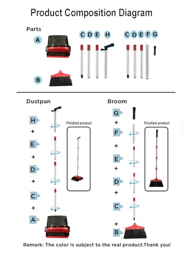Xifando Besen- und Kehrschaufel-Set, aufrecht, winddicht, langer Griff, Besen und Kehrschaufel mit Zähnen für Zuhause, Küche, Zimmer, Büro, Lobby, Bodenreinigung (schwarz + rot) – Bild 5