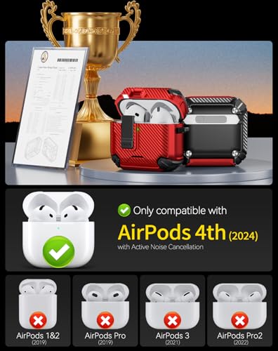 Image of Pohgelan Compatible with AirPods 4 Case Carbon Fiber Texture(Red) | Magnetic Automatic Lock with Phone Stand & Cleaning Kit,Compatible with Magsafe