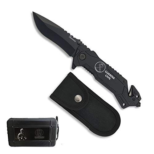 ECOMMUR Navaja Acampada negra Guardia Civil/Hoja de 8.1cm Acero Inoxidable + Funda Nylon y caja regalo