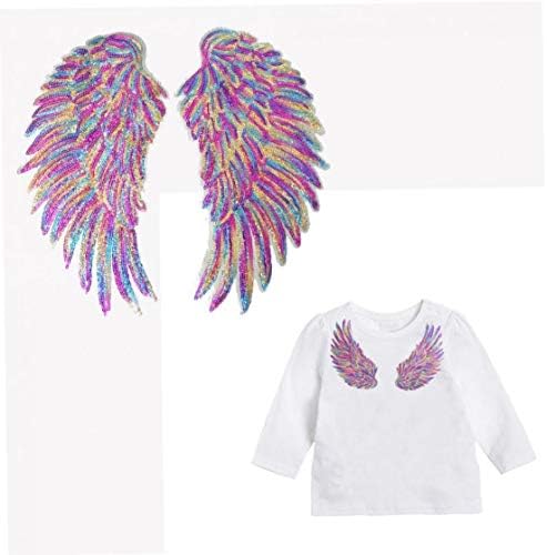 2pcs Rainbow Angel Wings Sequins Patches Iron On Sewing Patches Embroidered Badges For Clothes DIY Appliques