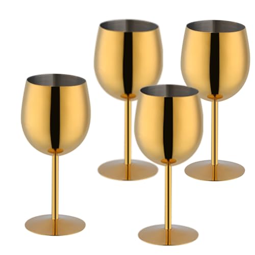 TEAHAHA Stainless Steel Wine Glasses Set of 4,350ml Fancy Unique Unbreakable Goblet Glass Set White Red Wine Stemmed Cocktail Glasses Metal Drink Champagne Goblet Party Wedding (Gold)