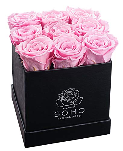 Soho Floral Arts | Real Roses That Last a Year and More| Fresh Flowers |Eternal Roses in a Box (Pink 9 X-Large Roses)