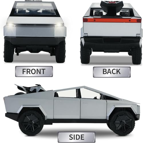 Image of 1 /24 Tesla Cybertruck Diecast Metal Toy Truck with Lights and Sounds, Mini Vehicle for Boys Ages 3 and Up, Realistic Design, Fun Educational Play, for Kids and Collectors (Silver)