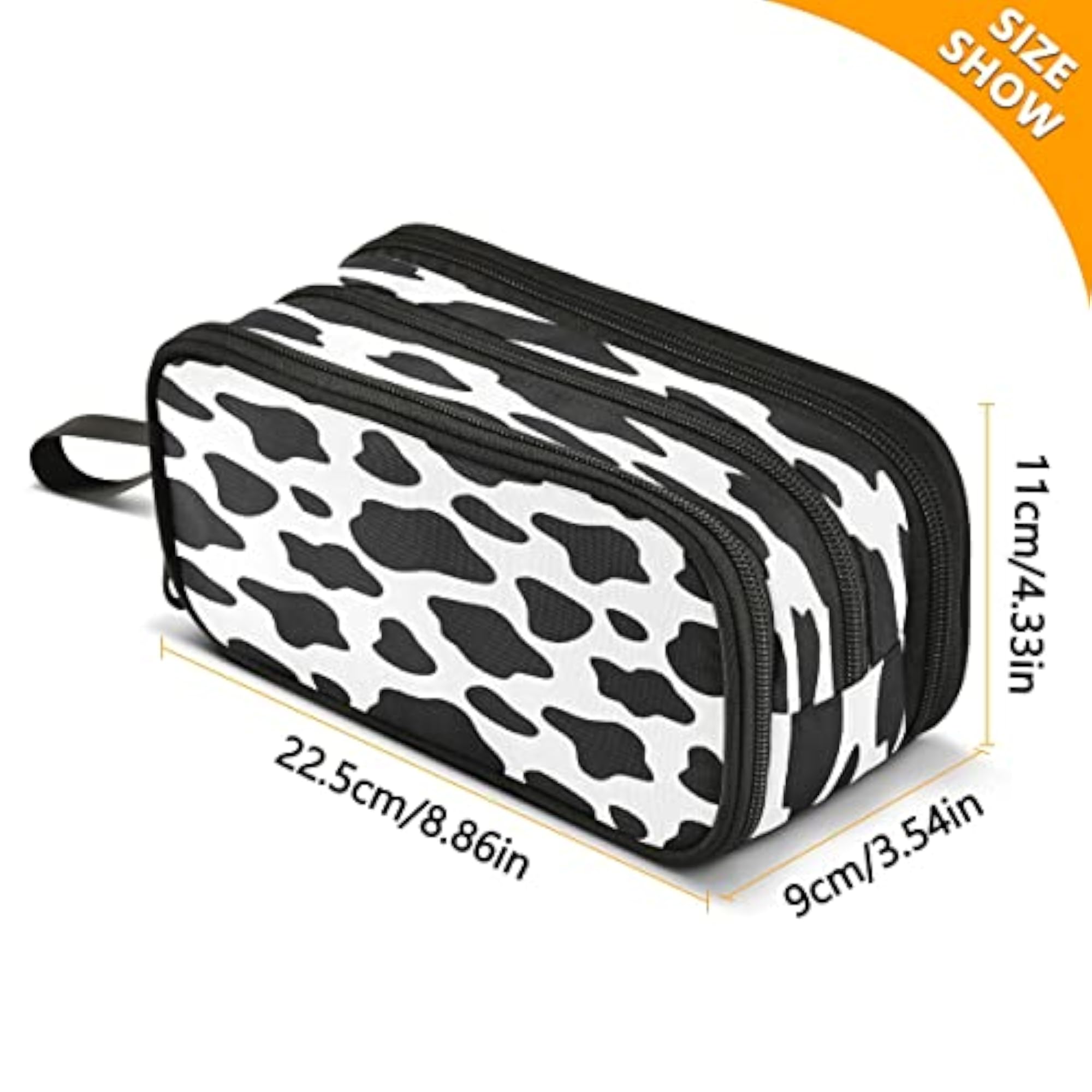 Big Capacity Black and White Cow Print Pencil Case, 3 Compartment