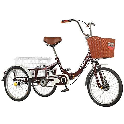 YUKM 20 Zoll Klappdreirad Für Erwachsene, Singlespeed-Heimtrainer Aus Kohlenstoffstahl Mit Vorderradfedergabel Und Einkaufskorb - Für Camping Und Freizeitübungen,Wine red Cover