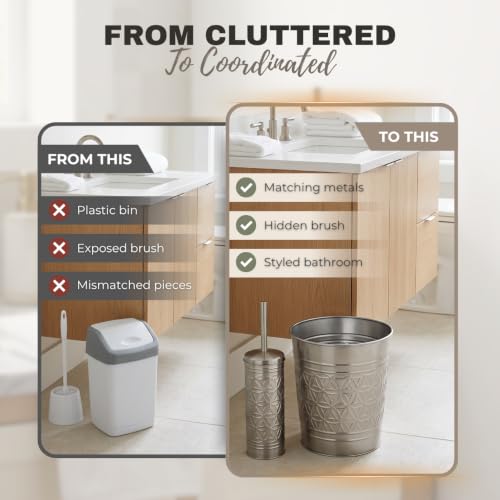 Image of Autumn Alley Brushed Nickel Bathroom Trash Can and Toilet Brush Set - 2-Piece Silver Metal Bathroom Accessories Set, Modern Farmhouse & Transitional Bathroom Decor