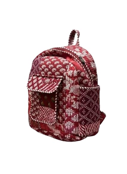 bow and tie by gauranki Handcrafted Patchwork Backpack, Red and White Floral Print, Multiple Pockets, Quilted Cotton, Zipper Closure, Adjustable Straps-picture-54