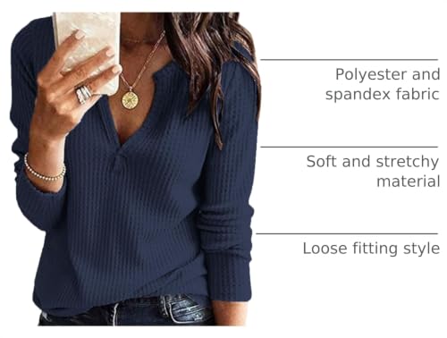 Image of Famulily Womens Long Sleeve Tshirt V Neck Loose Fit Soft Waffle Knit Thermal Tops
