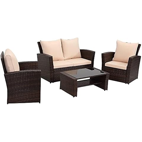 Esterno Living Luxury Garden Furniture Set. Brown Wicker Chairs and 4 Seater Sofa in Woven Outdoor Rattan With Table For Use on Balcony, Patio, Conservatory, Decking, Sun Room. FREE RAIN COVER Cover