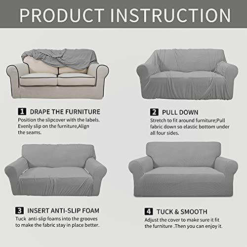 Image of Easy-Going Stretch Oversized Loveseat Slipcover 1-Piece Sofa Cover Furniture Protector Couch Soft with Elastic Bottom for Kids Polyester Spandex Jacquard Fabric Small Checks Light Gray
