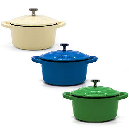 RJ Legend 8.5 oz Pre-Seasoned Cast Iron Camp Dutch Oven with Handle, Enameled, Blue Green White (Set of 3)