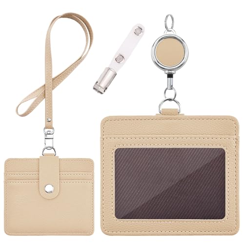 IDカードホルダー - 横型&縦型 IDカードケース 社員証 定期入れ ネームホルダー 両面用 名札 パスケース 胸ポケットクリップ&伸縮リール式 クリップストラップ付き (横型カーキPUロープ)（Amazon）