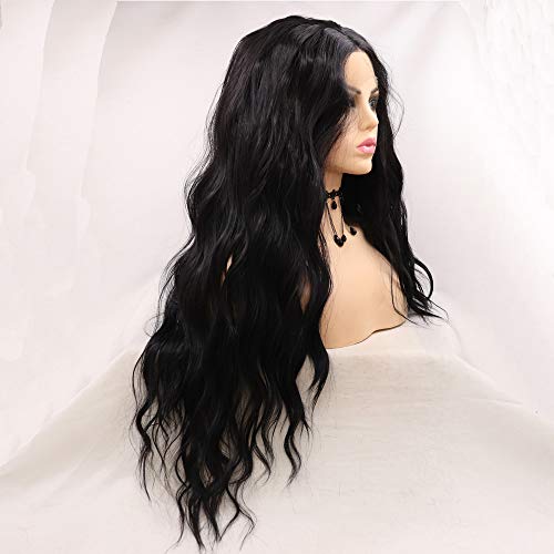 Xiweiya Long Black Wavy Synthetic Lace Front Wig - Middle Part Soft Hair Replacement for Women Drag Queen Makeup 24 inch - Image 3