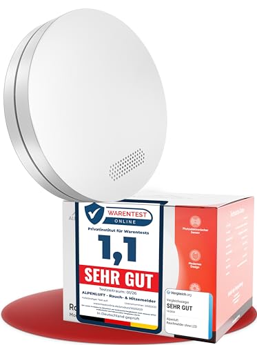 ALPENLUFT Rauchmelder 10 Jahre Batterie, Feuermelder Flach, Rauchwarnmelder, Brandmelder, | Ohne Bohren, Ohne LED Blinken - Rauch Brandschutz Brandmeldeanlage