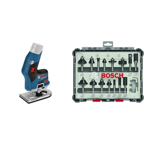 Bosch Professional Affleureuse sans Fil GKF, Bleu/Noir, Seul, Avec broche de fraisage 8 mm + 15 pièces Kit de Fraises Mixtes (pour Bois, Ø 8 mm Queue,...