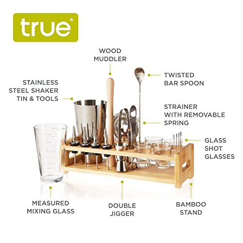 True Ultimate 20 Piece Barware Set With Wooden Stand, Bar Tools, Shot Glasses, Mixing Glass, Craft Perfect Cocktails At Home, Essential Bar Tools, 20-Piece Set, Wood And Stainless Steel #TOP1