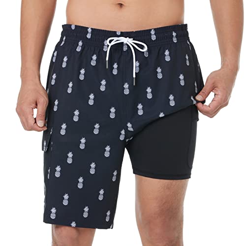 BRISIRA Mens Swim Trunks 9 Inch Inseam Board Shorts Compression Liner Swimsuit Bathing Suit Swimwear Quick Dry Cargo Pocket Black Pineapple