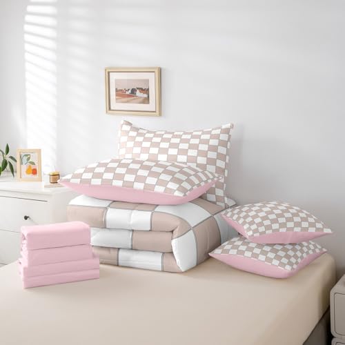 Image of Erosebridal Light Pink Checkered Full Bed in A Bag 7 Piece White Cream Checkerboard Bedding Set,Buffalo Plaid Grid Comforter Set with Sheets for Kids Girls Teen Aesthetic Geometric Gingham Bed Set