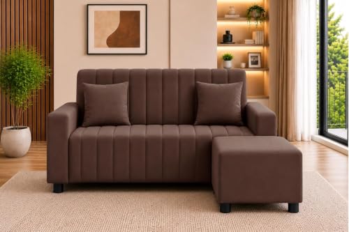 Image of Rosebell 2 Seater Sofa Set with Ottoman | Living Room Couch | with Printed Cushions | Sofa for Home, Office & Apartment-Brown Color