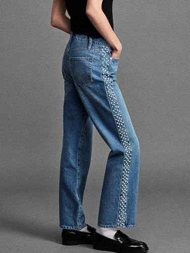Women's Pearl Beaded Straight Wide Leg Jeans High Waisted Ankle Length Denim Pants4