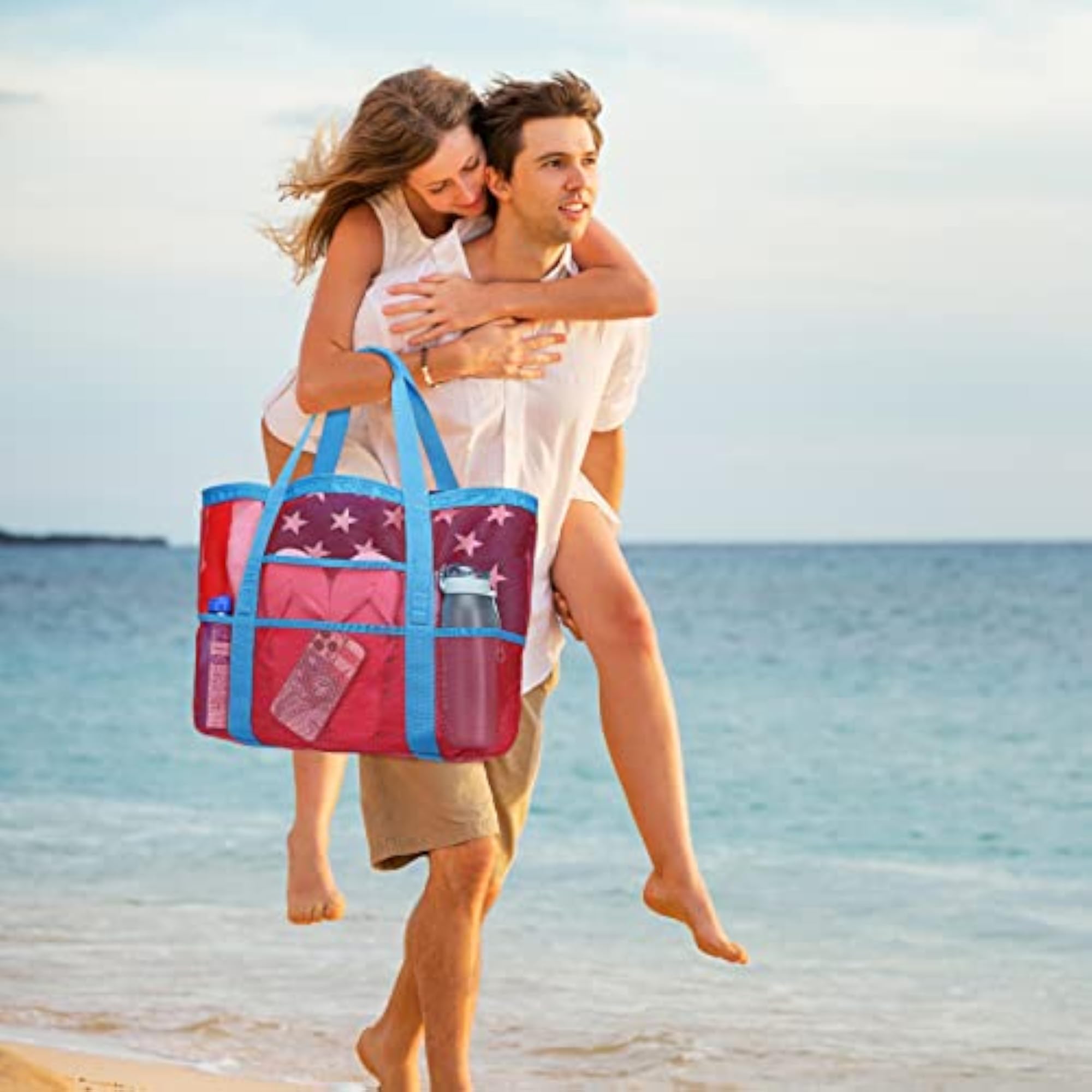 Oversized Mesh Beach Tote Bag with 8 Pockets, Lightweight