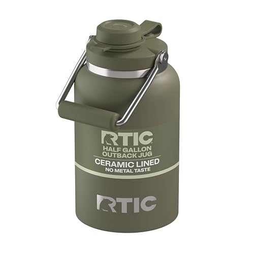 RTIC Half Gallon Outback Jug, Stainless Steel, Ceramic Lined Insulated Water Bottle with Lid and Handle, BPA-Free, Double Wall Vacuum Insulation, Olive
